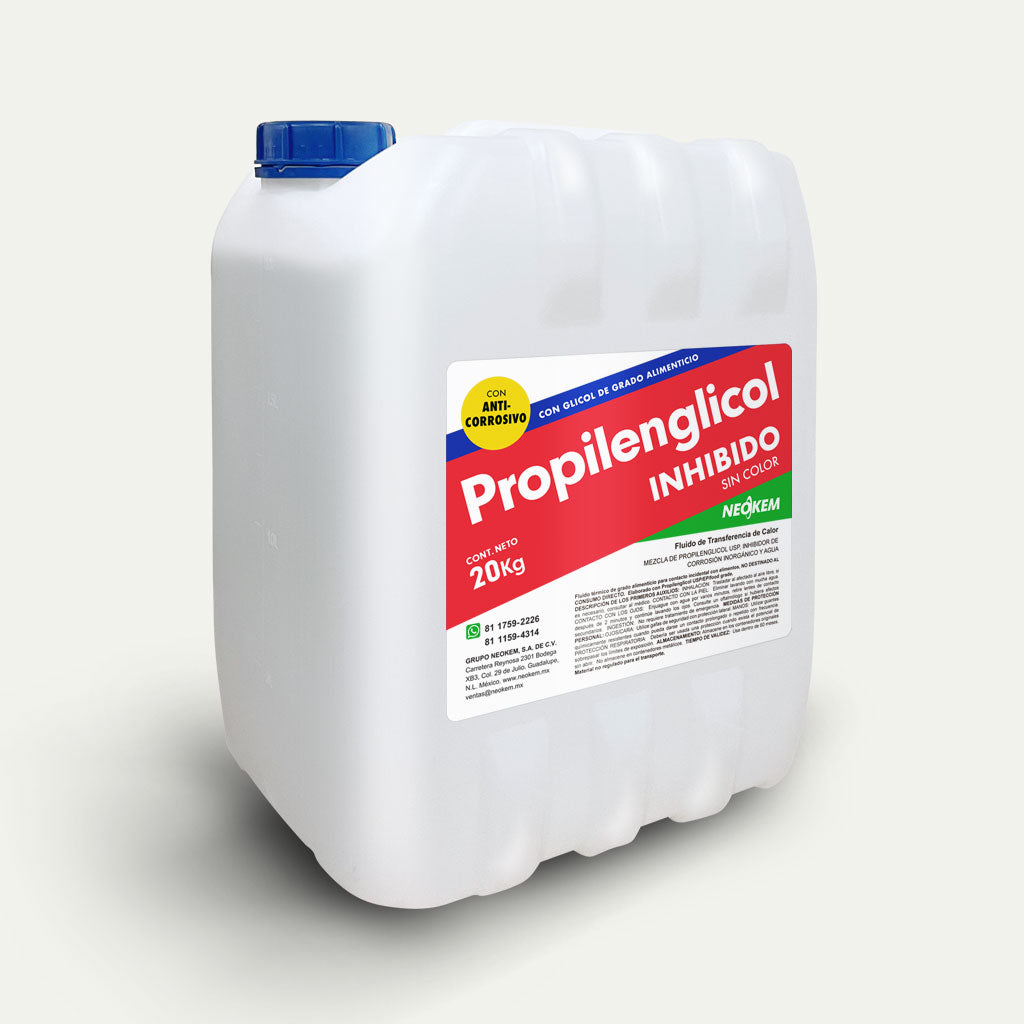 Contenedor de Propilenglicol Inhibido de 20 kg con fluido cristalino tapa azul y etiqueta de Neokem.