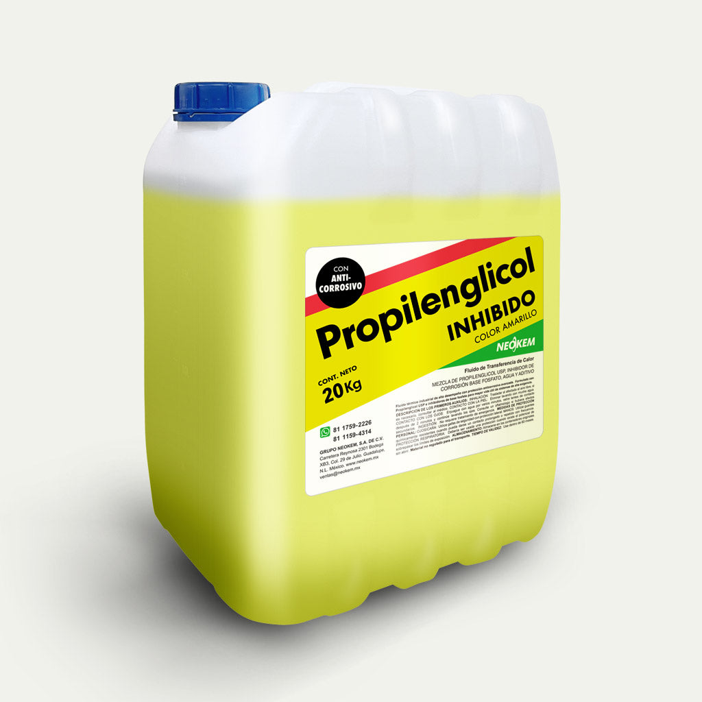 Contenedor de plástico de 20 kilos con Dowfrost™HD de color amarillo y etiqueta que anuncia Propilenglicol Inhibido de Neokem