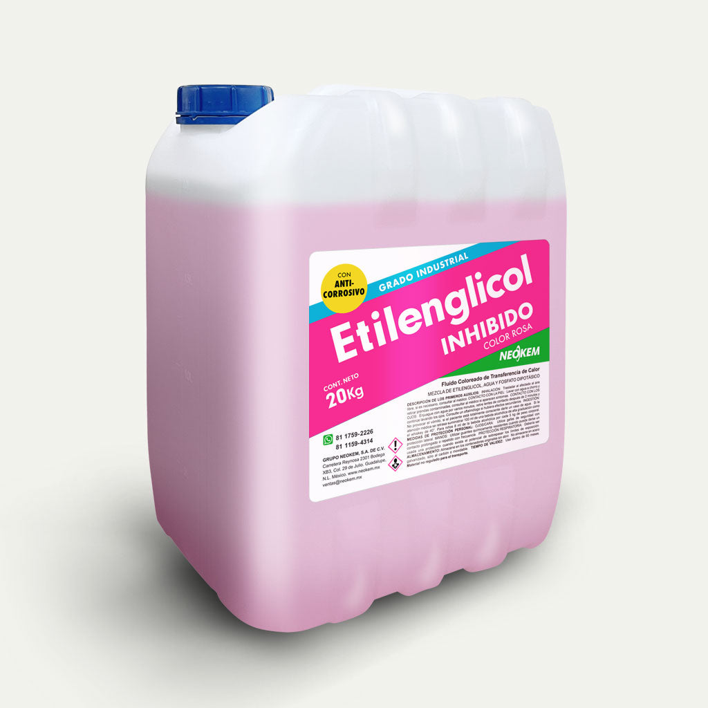 Porrón transparente con glicol de color rosa fluorescente, tapa azul y etiqueta de Etilenglicol Inhibido de Neokem.