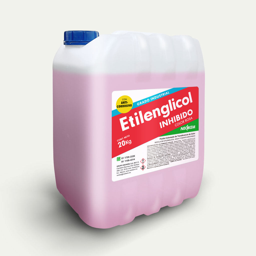 Glicol con anticorrosivo color rosa fluorescente en envase plástico de 20 kg con etiqueta frontal.