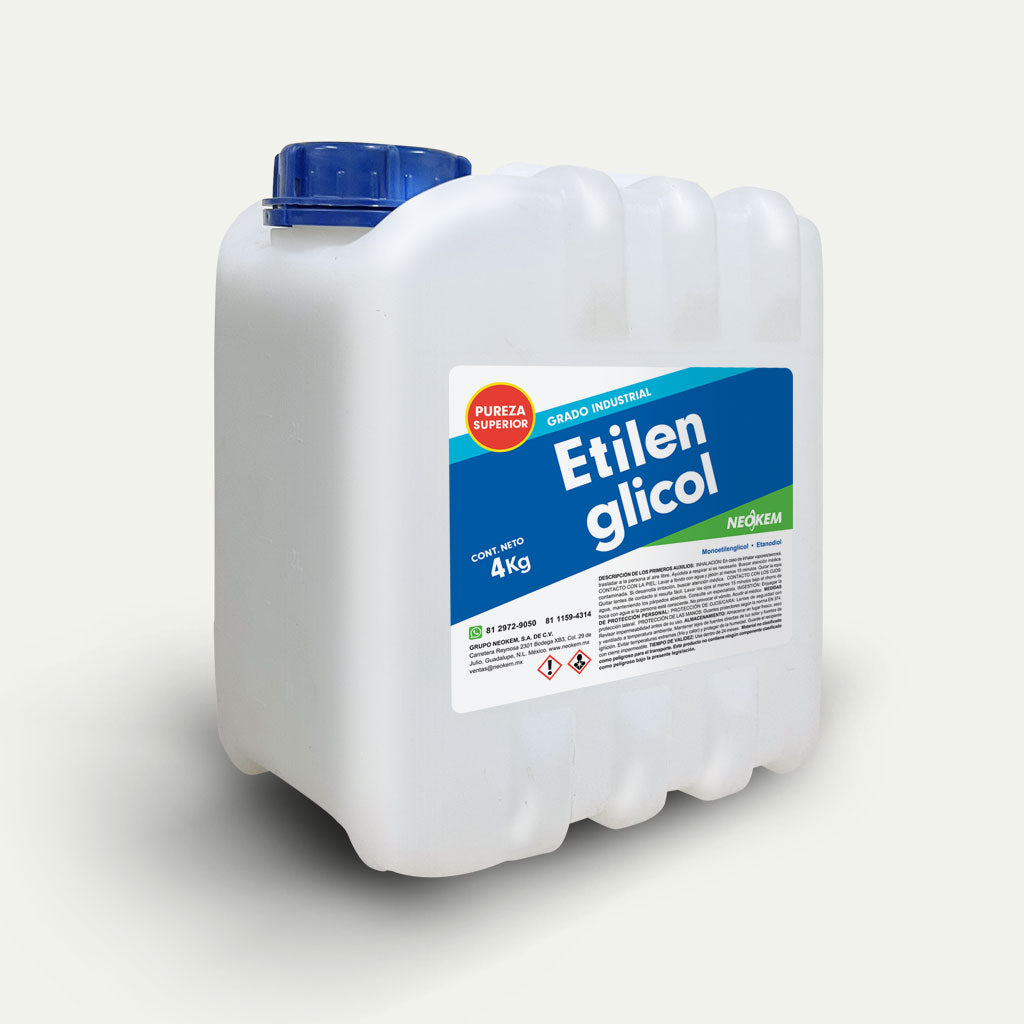 Contenedor de galón con 4 kilos de Etilenglicol y etiqueta del proveedor Neokem.