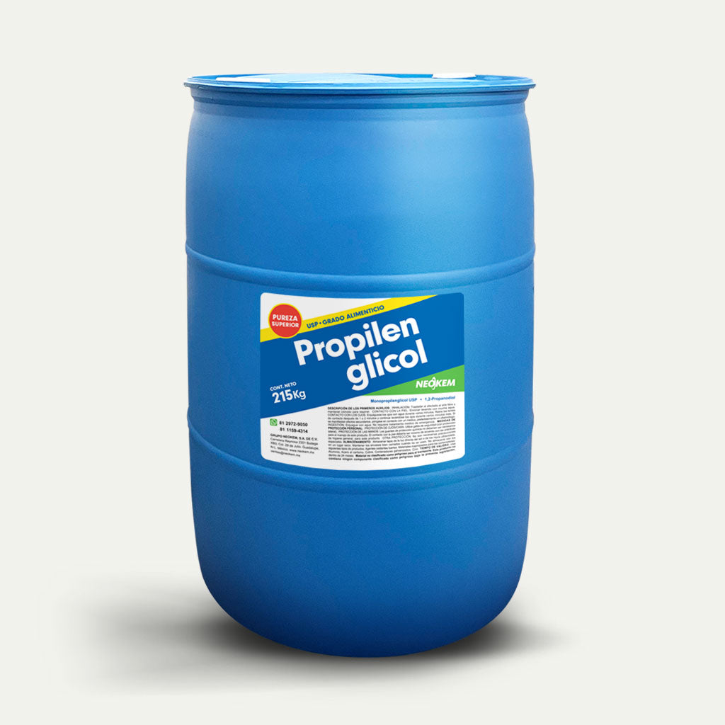 Tambo de plástico azul de 215kg con etiqueta de Propilenglicol USP Grado Alimenticio de marca Neokem.
